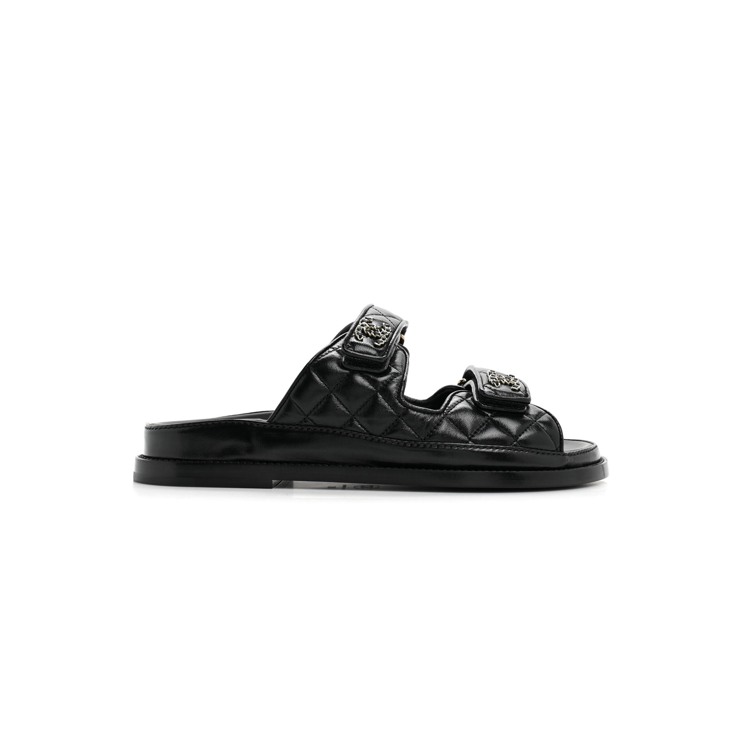 Ch*el lambskin quilted velcro dad chain cc slide sandals black g45507